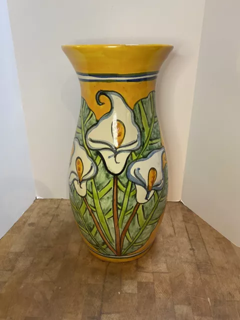 Lrg Talavera Pottery Calla Lily Vase Yellow Hand Painted Mexico Large 14” Signed