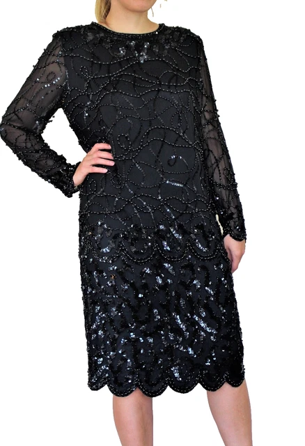 NITELINE DELLA ROUFOGALI Black Sequin Cocktail Dress Gold Trim Fancy Size  12 $62.99 - PicClick