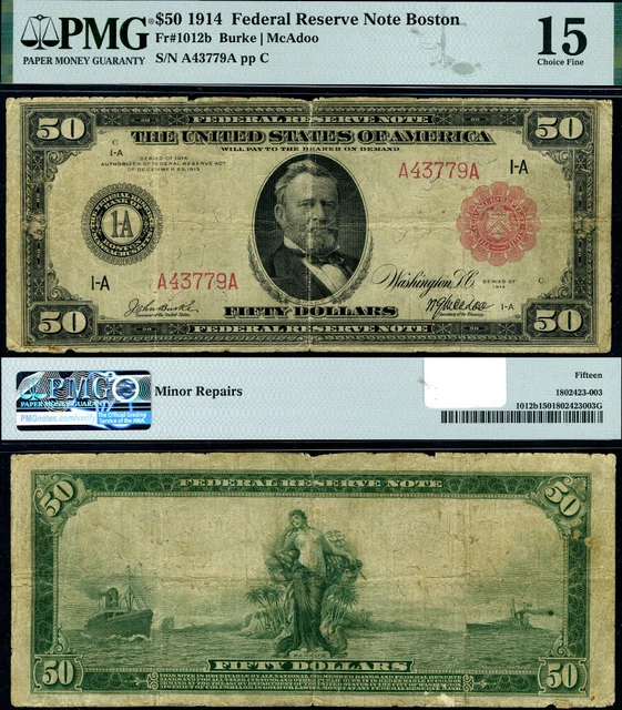FR. 1012 B $50 1914 Federal Reserve Note Boston Red Seal Choice Fine 15 - RARE FR. 1012 B $50 1914 Federal Reserve Note Boston Red Seal Choice Fine 15 - RARE