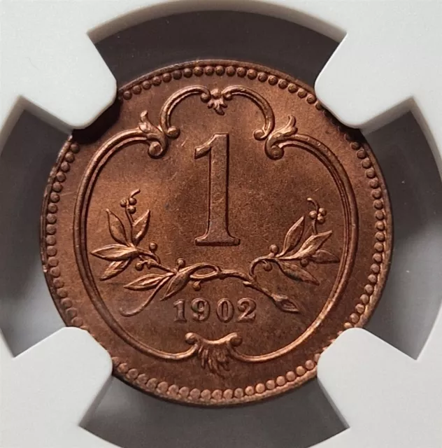 AUSTRIA HUNGARY Empire 1 Heller 1902 NGC MS 65 RB UNC Red bronze Eagle #072
