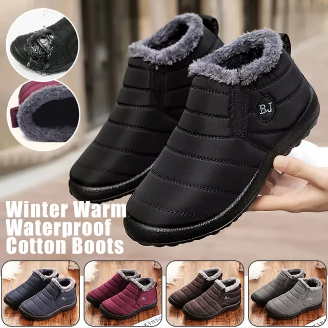 Women Men Warm Snow Boots Fur Lined Ankle Boots Waterproof Non-slip Flat Shoes