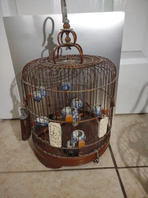 Antique Early 20th Century Chinese Bamboo Wood Bird Cage W/Porcelain Bird...
