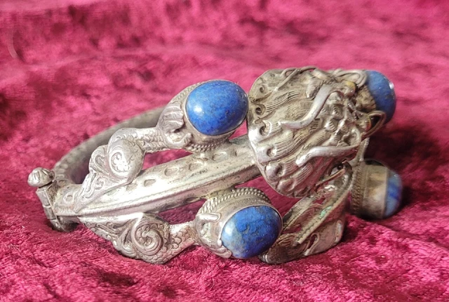 Vintage 1970's Chinese Export Sterling Silver Lapis Dragon Bracelet