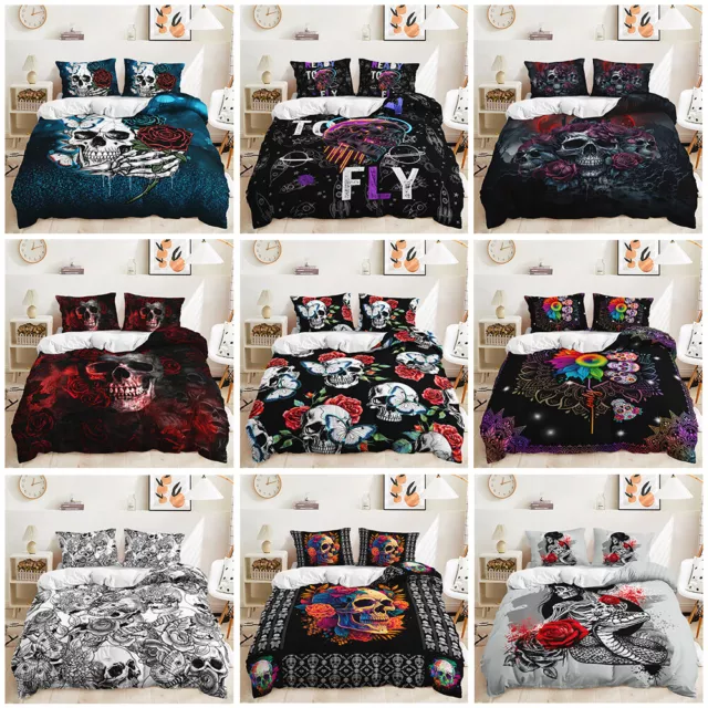 Floral Rose Coloured Gothic Skull Skeleton Doona Duvet Quilt Cover Bedding Set