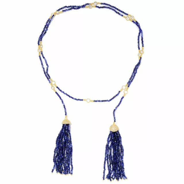 Meher's Jewelry 44" Sodalite Gem stone Beaded Lariat Tassel 925 Silver Necklace