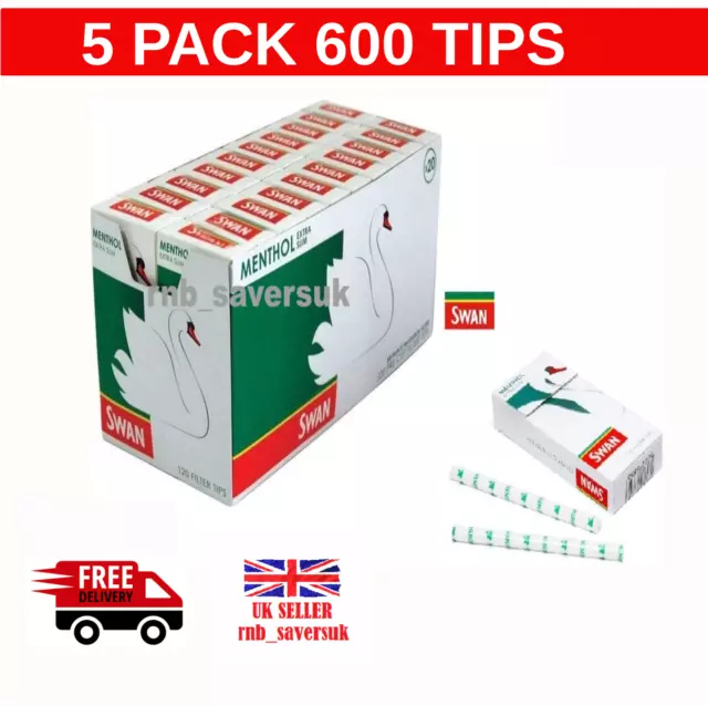 5x SWAN MENTHOL EXTRA SLIM PACKS TOTAL 600 FILTER TIPS FILTERS PRE CUT ROLLING