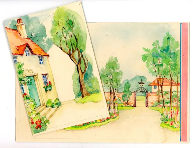 Vintage greetings card artwork illustration garden landscape country house #7