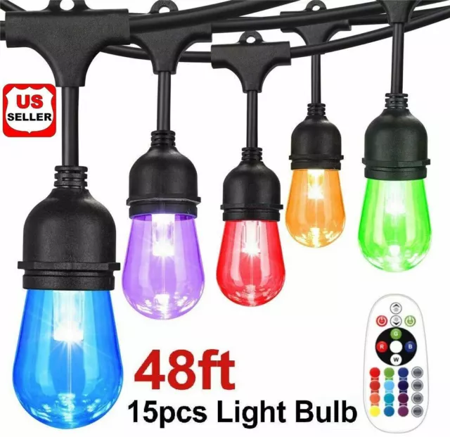 48ft String Lights RGB Cafe LED String Lights w/15 S14 Bulbs Backyard Waterproof