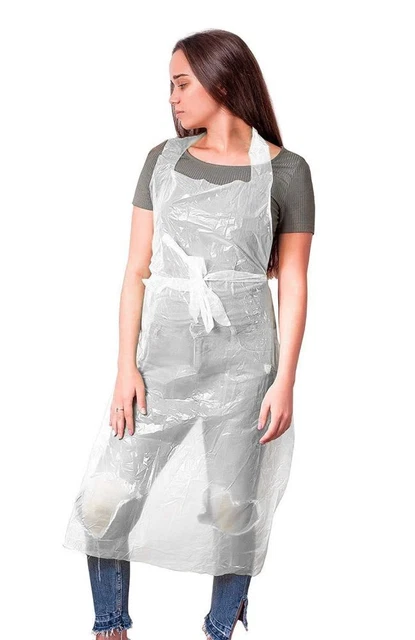 Pack of 100 White Aprons 28 x 46 Lightweight Disposable 1 Mil Unisex Waterproof