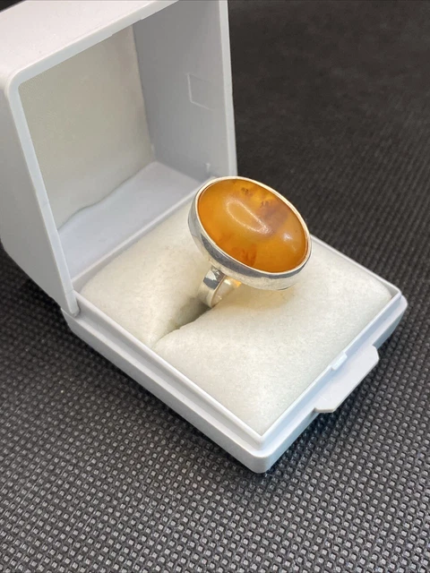 Bague Ancienne En Argent Massif 925 Vermeil - Anneau Jonc Alliance Avec Ambre, Style Vintage Et Créateur