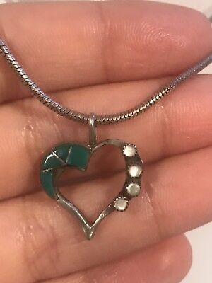 Vintage Sterling Silver Native American Old Pawn Heart MOP Turquoise Pendant