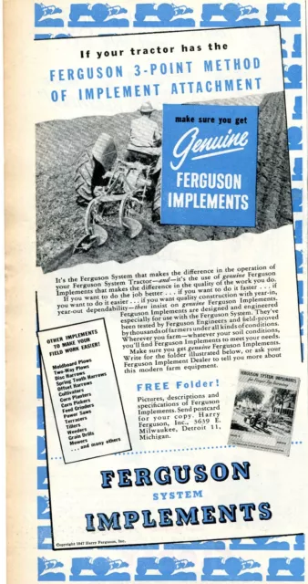 1947 Print Ad of Harry Ferguson System Tractor Implements 3-Point Method