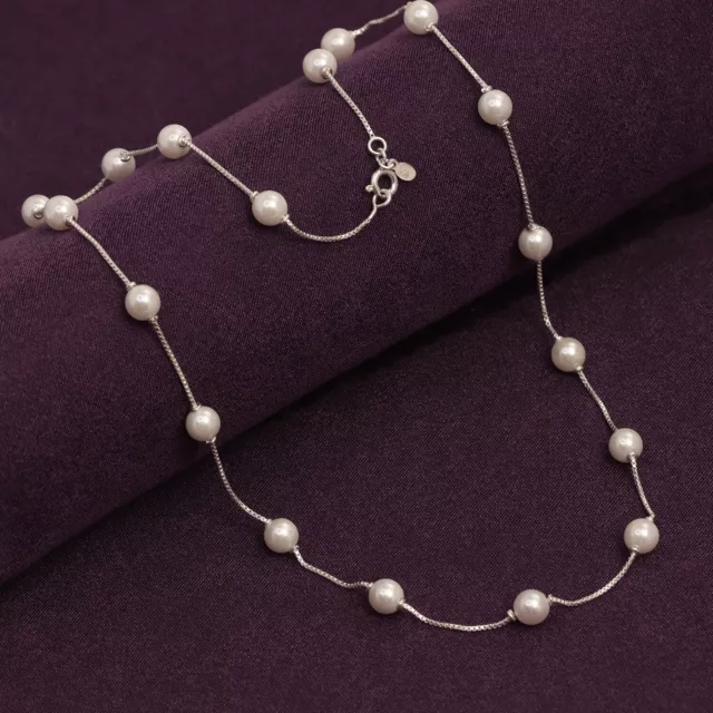 925 Sterling Silver jewelry Pearl Station Chain Necklace for Teen Women and Girl