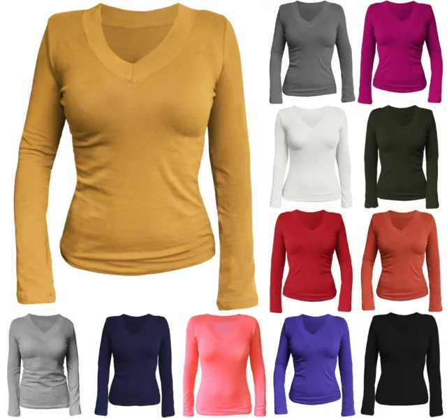 Basic Women's Cotton  Deep V-Neck Long Sleeve T-Shirt Top