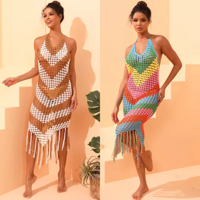 Summer Beach Backless Colorful Geometric Stripe Patchwork Handmade Woven Dress