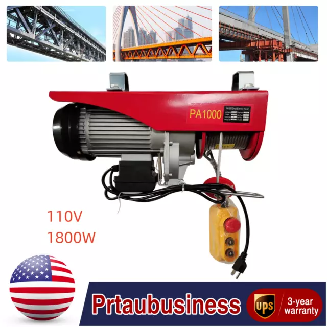 2200LB Electric Wire Cable Hoist Winch Crane Lift Overhead Remote Control PA1000