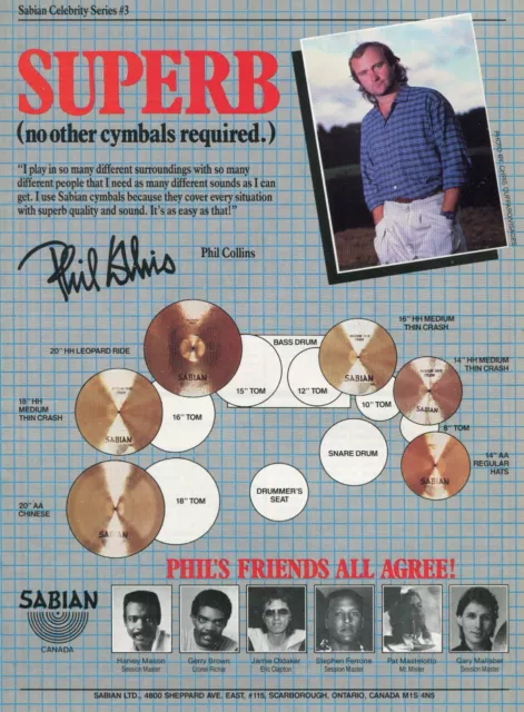 1986 Print Ad of Sabian Drum Cymbal Setup w Phil Collins