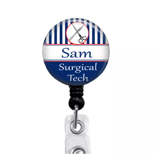 SURGICAL TECH PERSONALIZED Badge Reel in Blue, White & Red Colors