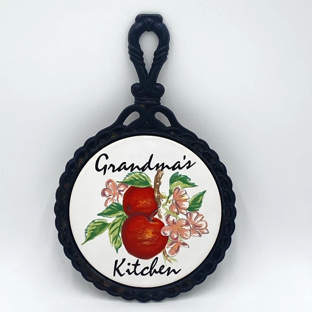 Vintage Cast Iron & Tile Hot Plate Trivet Wall Decor Grandma's Kitchen Apples