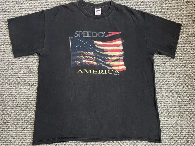 Vintage Speedo America T-Shirt Mens XL Black Single Stitch Flag Swim Cotton USA