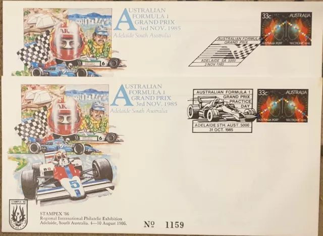 1985 APM16580 & APM16581 First Australian Grand Prix "ADELAIDE" Stampex 86 #1159