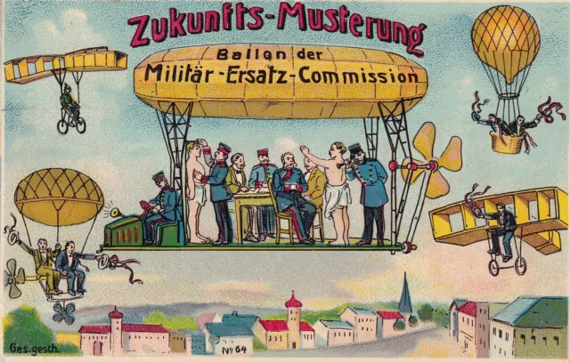 Zukunfts Musterung - Zeppelin Ballon Flugzeug - 1913 - Militär Uniform