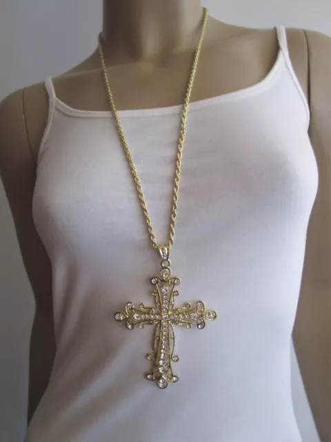 Damen Hals Kette Modekette Modeschmuck lang Gold XL Anhänger Strass Kreuz k297k1
