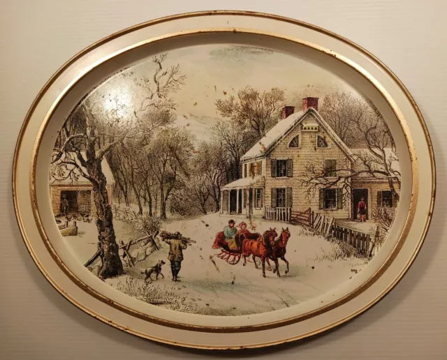Currier and Ives Oval Metal Serving Tray “The American Homestead Winter”