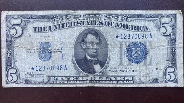 1934 C Five Dollar Silver Certificate * STAR NOTE * $5 Bill Circulated #56441