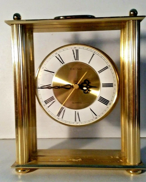 &SEIKO& QUARTZ CARRIAGE Clock Model QZ103G Brass & Glass ColumnsFOR