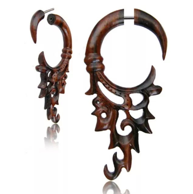 Pair Sono Wood Fake Cheater Plugs Carved Spirals Tribal 2" Inch Gauges Gauge