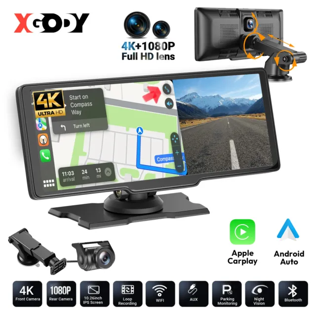 XGODY 10.26" 4K Touch Screen Dash Cam CarPlay Wireless WIFI Fit IOS Android Auto