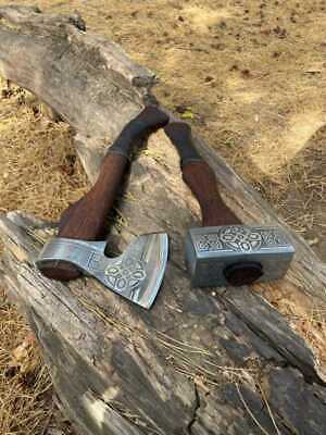2pcs Set - Viking Axe+ Viking Hammer , Mjolnir Hammer, Hand Forged Corban Steel