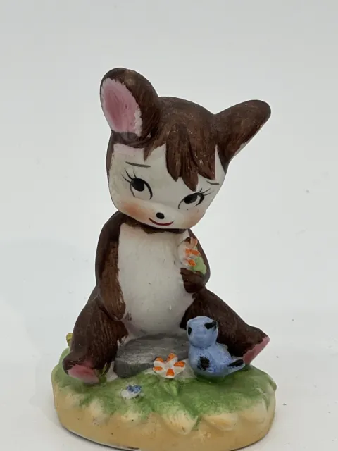 Hand Painted Ceramic Mouse Figurine with Flowers and Blue Bird