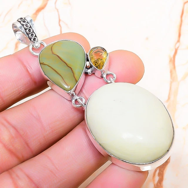 Swiss Green Opal, Citrine Gemstone Handmade Gift Jewelry Pendant 2.76" S828