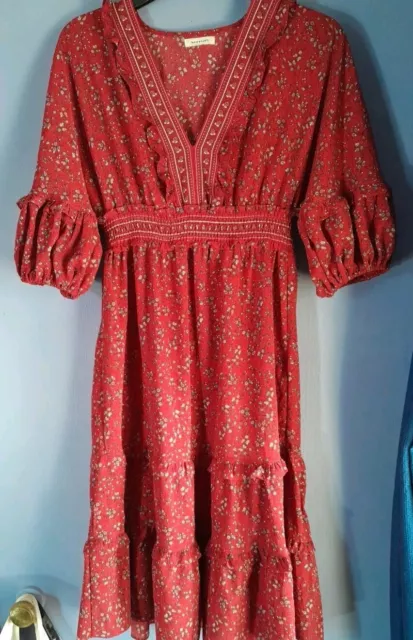 Max Studio Women's Floral Tiered V-Neck Red Midi Dress Peasant Boho Prarie NWT