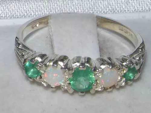 Antique Style Sterling Silver Natural Emerald & Opal Ring with English Hallmarks 3