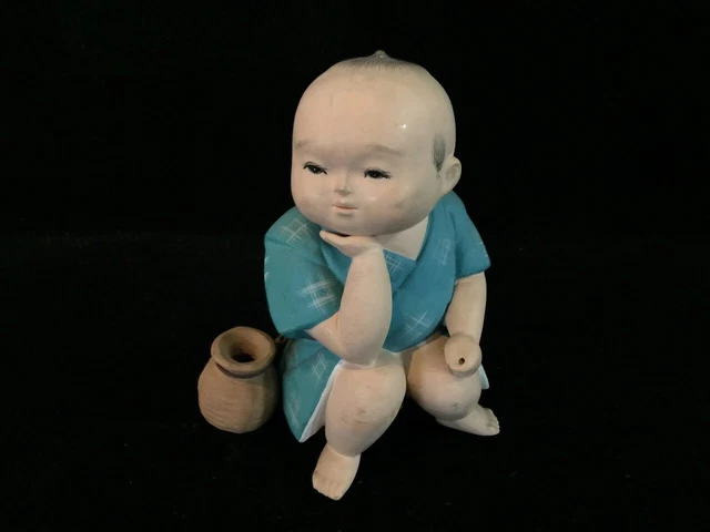 J0513 Japanese Pottery Kimono Boy Statue Doll Vintage Basket Okimono Interior