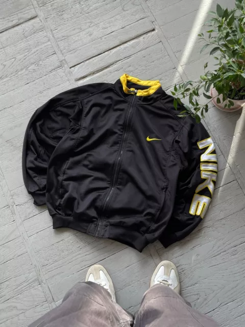 Vintage Unisex Nike Y2K Full Zip Nylon L/S Track Jacket Black Yellow Size M