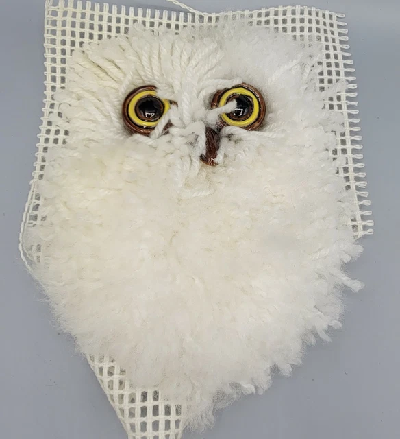White Latch Hook Owl Completed Ceramic Painted Macrame Beads MCM Retro Decor Vtg