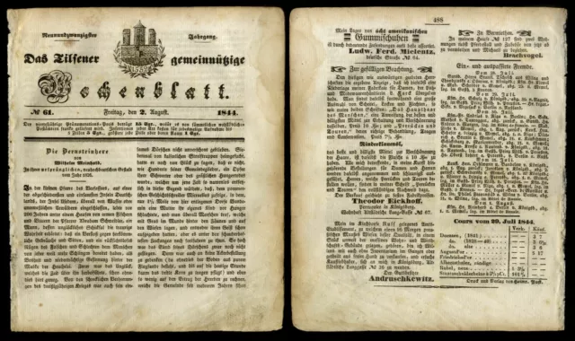 Alte historische Zeitung No. 61 von 1844 Tilsit Tilsener Wochenblatt Ostpreussen