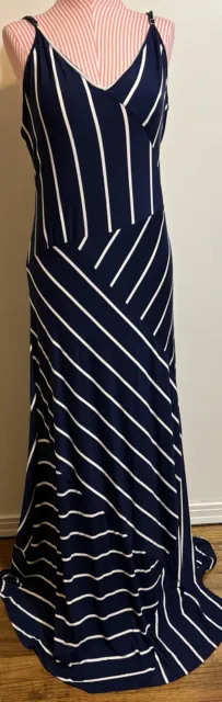 Calvin Klein Navy White Striped Jersey Knit Maxi Dress Stretch Strappy Sleeve 12