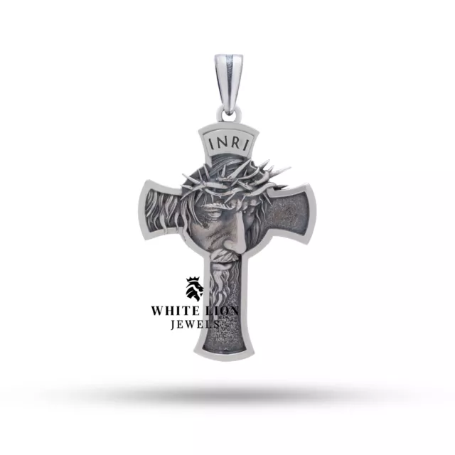 Heilige God Jesus Krone Thrones Kreuz Große Anhänger Oxidierte 925 Silber Gift