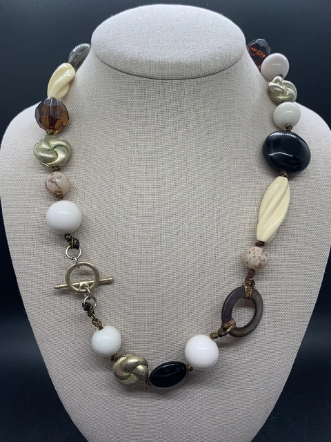Statement Necklace Brushed Gold Tone Faux Agates Shell & Stone W/Plastic Beads