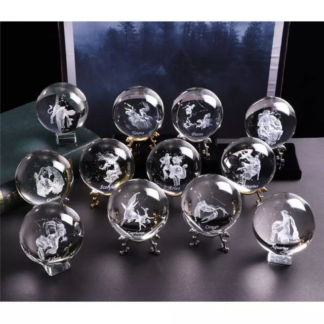 Zodiac Sign Engraved Crystal Ball 3D Crystal Glass 12 Zodiac Signs with Base