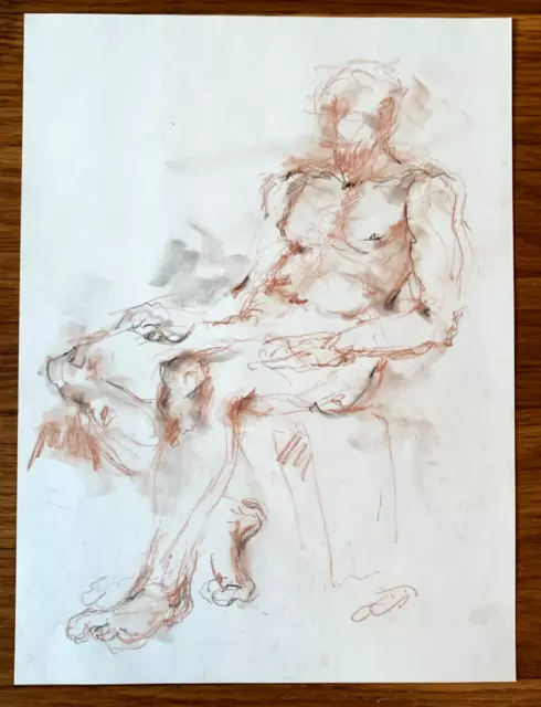 Male Anatomy SITTING NUDE FIGURE STUDY GRAPHITE DRAWING SKETCH on paper Unsigned