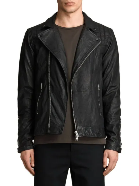 All Saints Mens Kushiro Black Leather Biker Jacket - Medium