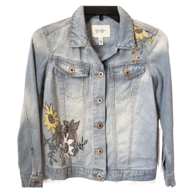 Jessica Simpson Long Sleeve Button Up Blue Denim Jeans Sunflower Jacket  M
