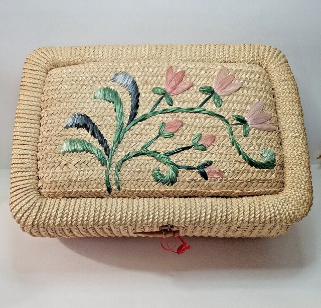 Vintage Woven Wicker Sewing Basket Storage Box Floral EXCELLENT CONDITION 10"