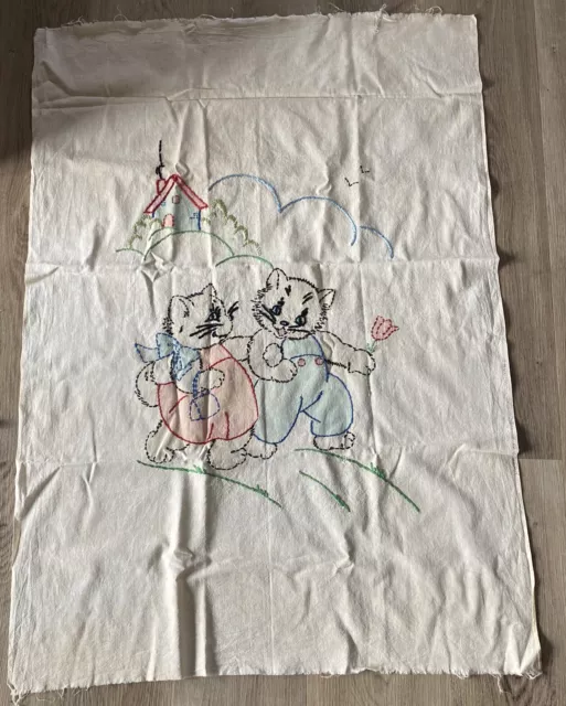 Vintage Embroidered Colored Vogart Baby Quilt Cover Kitten Couple 29.5” X  41.5”